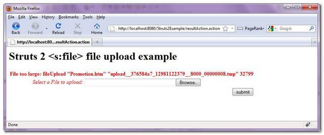 Struts 2 file upload error page