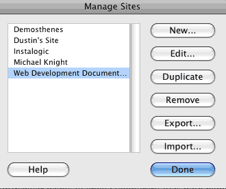 Dreamweaver Manage Sites window screenshot