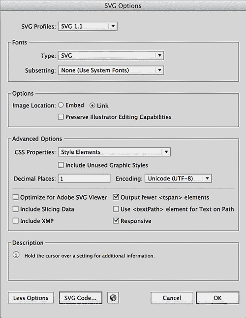 Screenshot of Adobe Illustrator CC advanced SVG save options