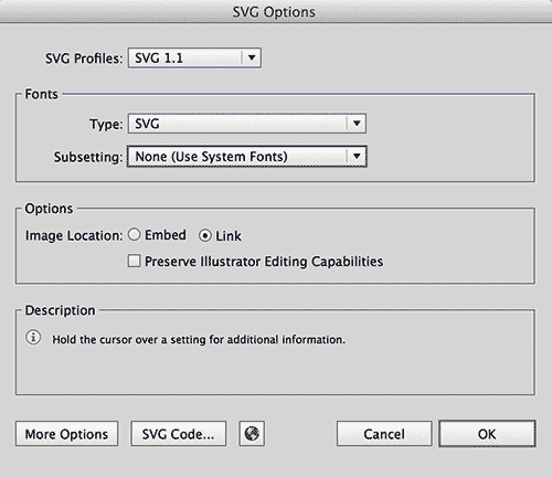 Screenshot of Adobe Illustrator CC basic SVG save options