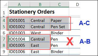 different columns selected causes Excel copy and paste problem