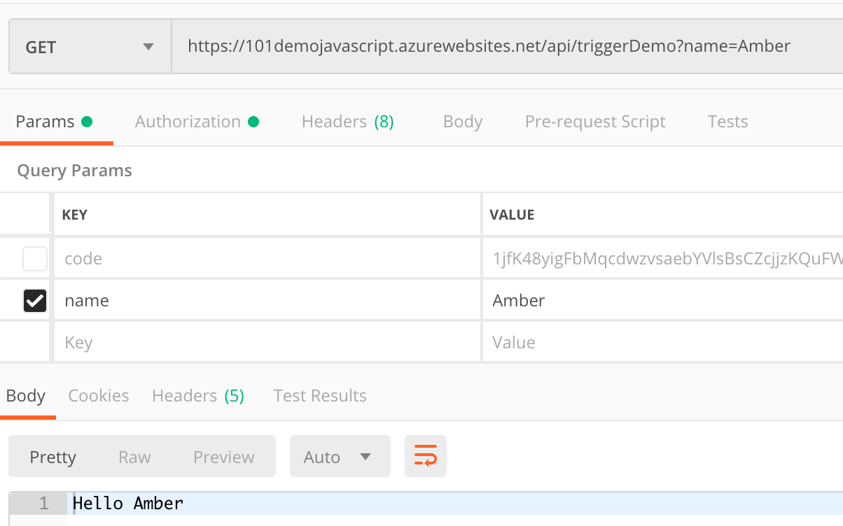 Sending a request through Postman to our Azure function app