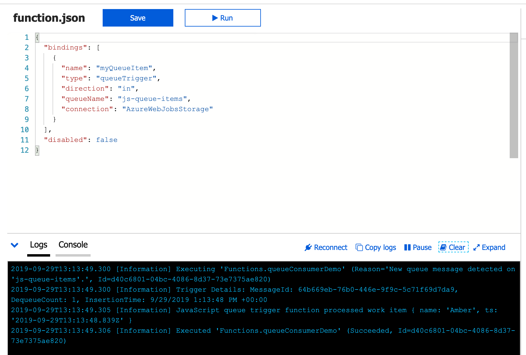 Azure function app logs after queue trigger