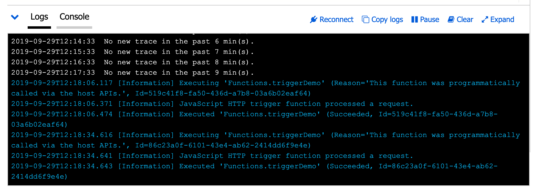 Azure function app logs receiving an http trigger