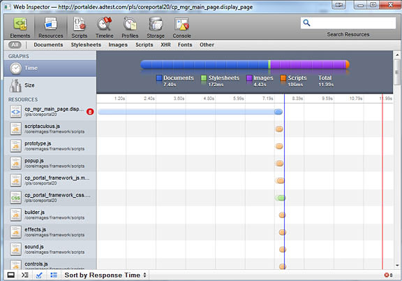 Safari Web Inspector资源示例报告的屏幕截图，顶部带有颜色编码和条形图。