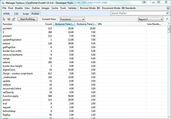 Internet Explorer开发人员工具探查器样本报告的屏幕截图，该样本看起来类似于Excel电子表格。
