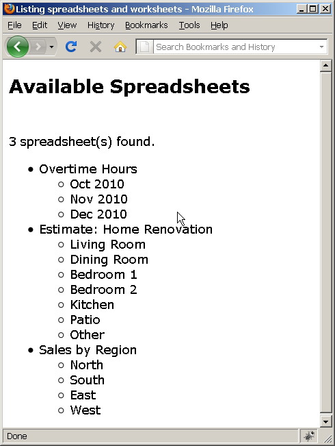 用户电子表格和工作表列表的屏幕截图