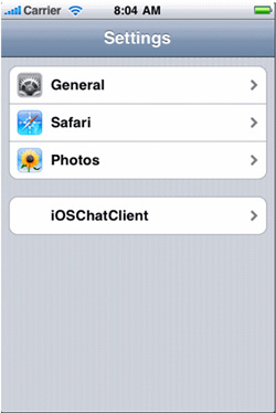 具有“常规”，“ Safari”，“照片”和“ iOSChatClient”选项的“设置”页面的屏幕截图