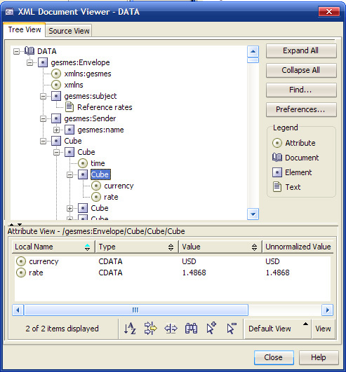 XML Document Viewer中的Tree View选项卡和Attribute View的屏幕截图