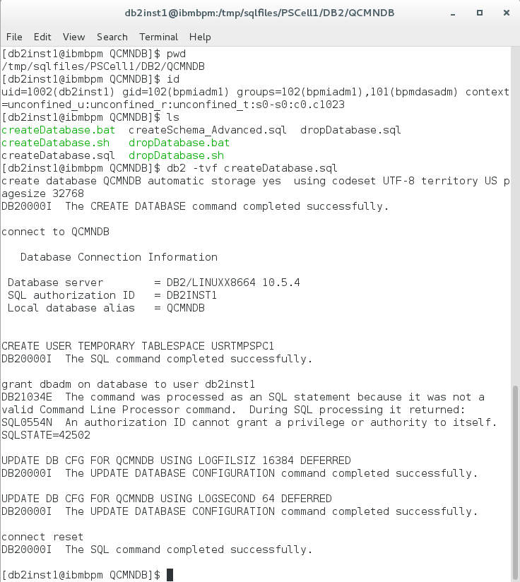 IBM BPM V8.5.7 Advanced的正在运行的DB2 Express服务器脚本的屏幕截图