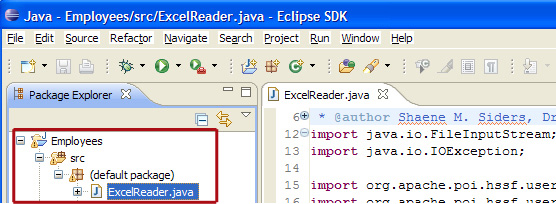 在Eclipse SDK中打开的ExcelReader.java文件的屏幕截图