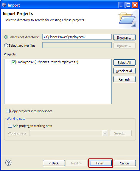Eclipse Import对话框的屏幕截图，其中包含将项目导入Eclipse的完成