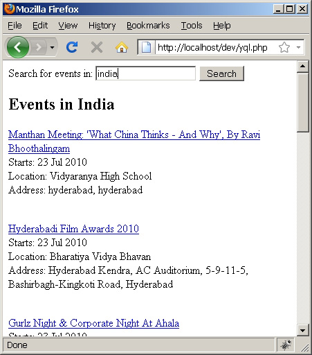 该屏幕快照按国家（地区）搜索可显示即将发生的事件，显示了印度海得拉巴的事件