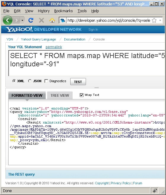 Yahoo Maps数据表上的YQL查询结果的屏幕截图