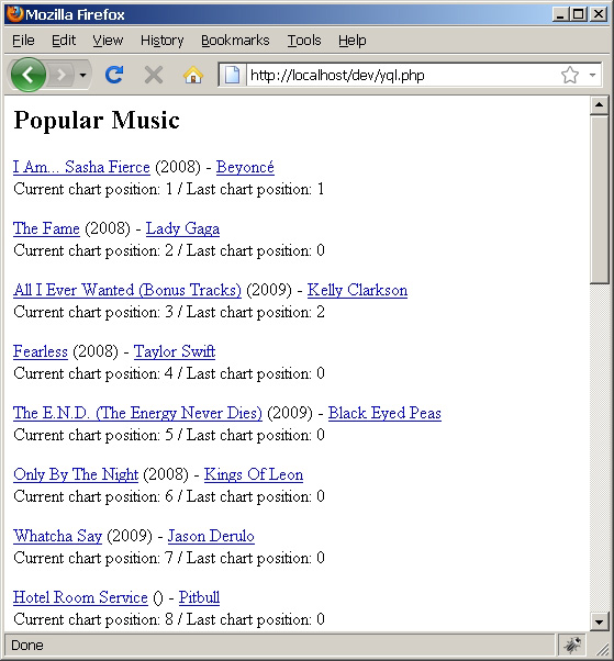 通过YQL检索的流行音乐发行列表的屏幕截图