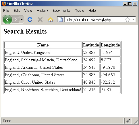 通过YQL从Flickr中检索的“英国”搜索结果格式列表的屏幕截图