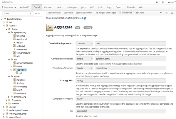 在我们的Camel应用程序中显示Aggregate EIP的属性，包括开箱即用的文档