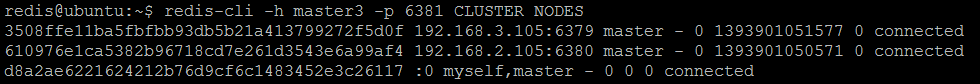 图7c。在每个Redis主节点上重新运行CLUSTER NODES，确认每个节点都可以看到所有其他节点（有效地形成了一个集群）