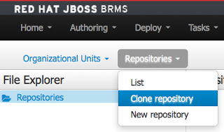 图2：要导入新项目，请从菜单Repositories中打开Clone存储库。这将使您可以将任何规则项目引入JBoss BRMS。