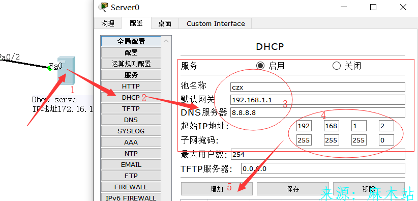 思科配置服务器DHCP服务使PC机可以自动获取ip地址，子网掩码，默认网关，DNS服务器。 DHCP实验 第3张