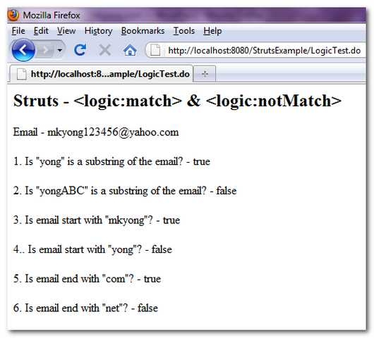 Struts-logic-match-notmatch-example