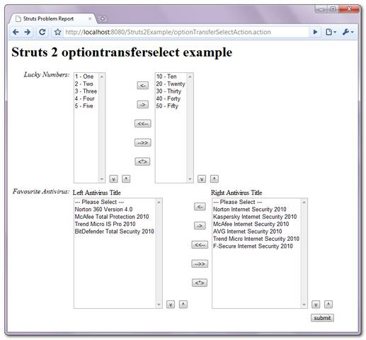 Struts 2 Option Transfer Select example