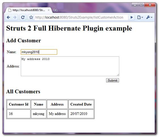 Struts 2 full hibernate plugin example