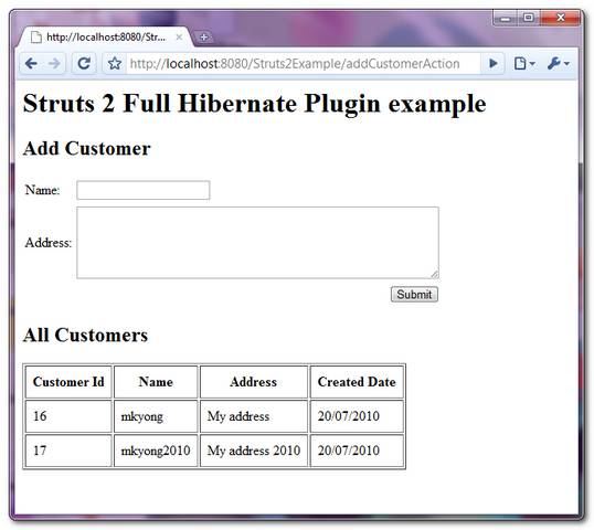 Struts 2 full hibernate plugin example