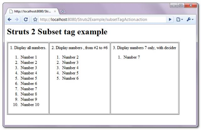 Struts 2 subset tag example