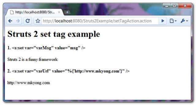 Struts 2 set tag example