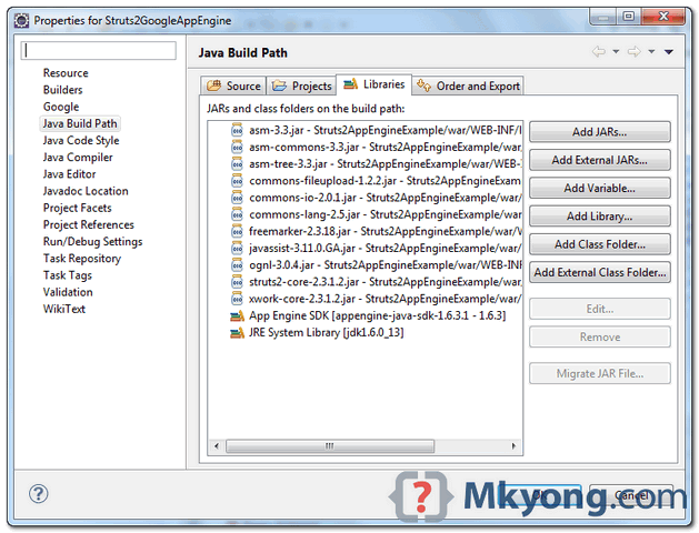 gae struts2 example java build path