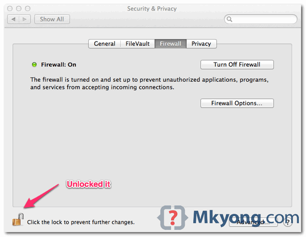 turn off firewall on Mac OS X