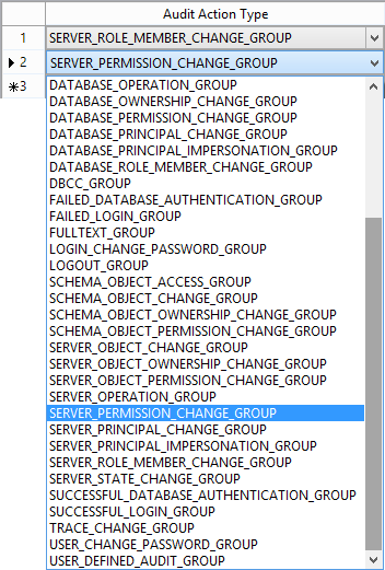 Checking audit configuration - Audit Action Type dropdown