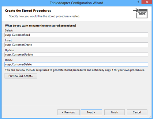 Naming the stored procedures and clicking the Finish button