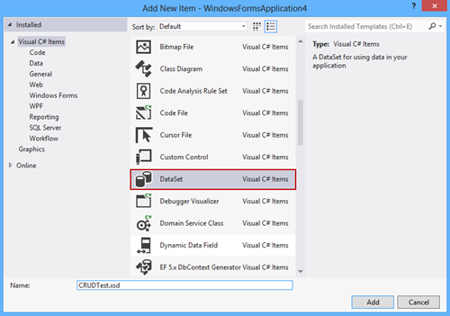 Selecting DataSet from the Add New Item window