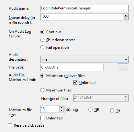 Checking audit configuration - The Create Audit dialog