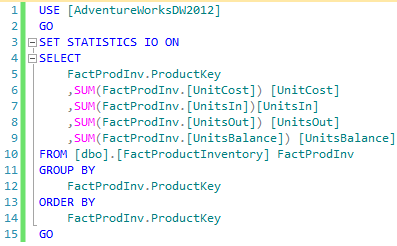 Figure illustrating a T-SQL query for retrieving the data to satisfy the user story against dbo.FactProductInventory table