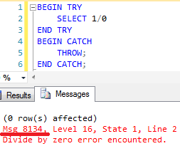 Figure illustrating that the query which uses THROW statement is returning the correct error number as 8134