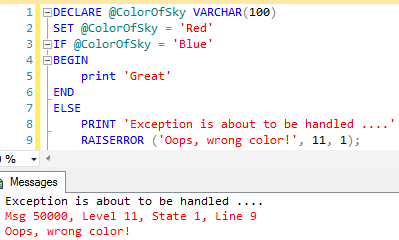 Using RAISERROR statement preceded by a statement not containing T-SQL statement terminators