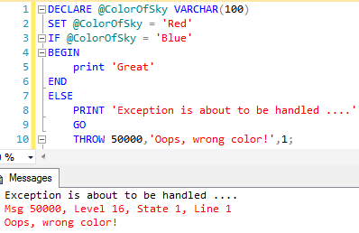 Using THROW statement with GO when it is preceded by other T-SQL statements