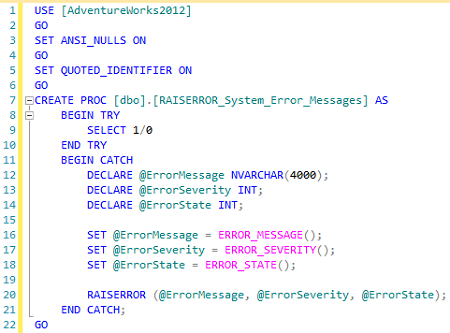 Figure showing a stored procedure that set values of system functions to local variables and RAISERROR