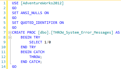 Figure illustrating that it only takes a single line within the CATCH block to handle exceptions when the THROW statement is used