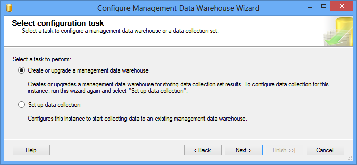Selecting a task to perform: Create or upgrade a management data warehouse