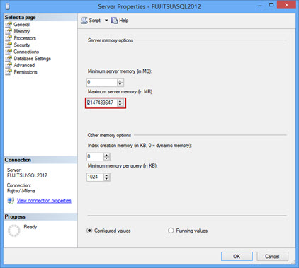 Setting the Maximum server memory in SSMS