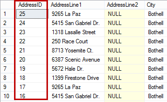 Dialog showing the AddressID column sorted descending