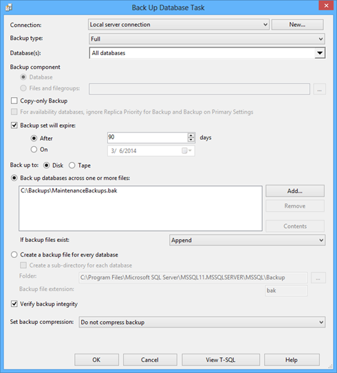 Back Up Database Task dialog