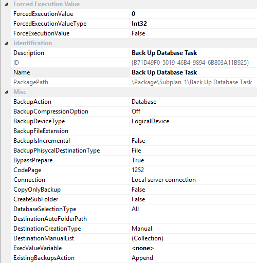 Setting the properties per your backup strategy using the Properties pane