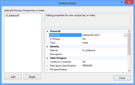 Dialog showing the identity column being added in the ascending order