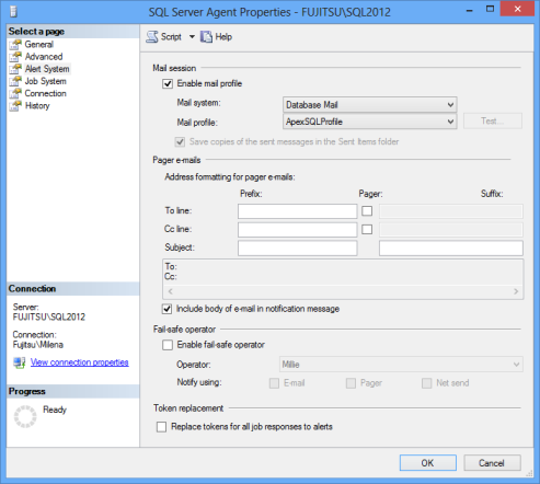 SQL Server agent properties dialog