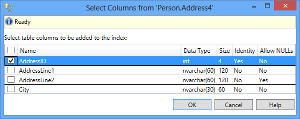 Selecting table columns to be added to the index